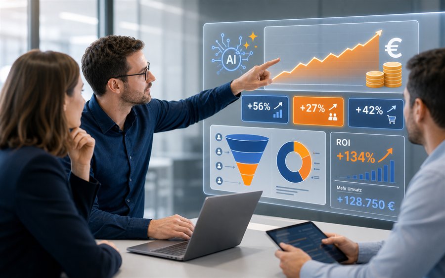 Marketing-Team analysiert KI-Kampagne mit Euro-Zeichen, Umsatzdiagramm und ROI