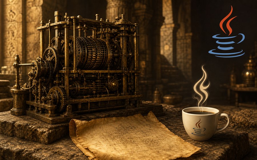 Antike mechanische Rechenmaschine mit Kaffeetasse, deren Dampf an das Java Logo erinnert