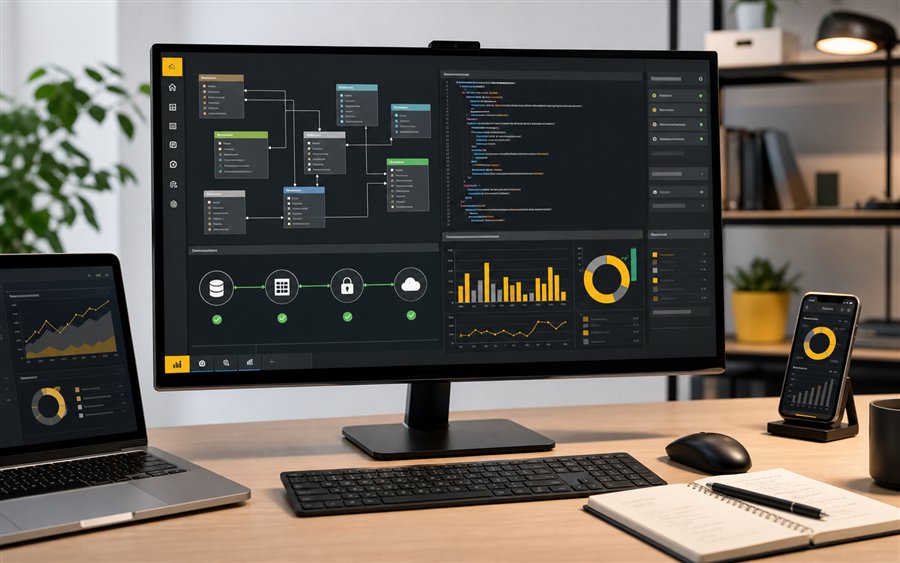 Power BI Arbeitsplatz mit Datenmodell, DAX-artigem Code, Gateway-Signalen, Dashboards und Mobile Preview