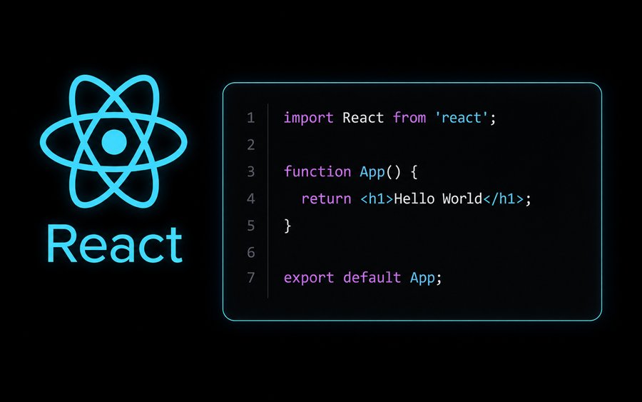 React Logo und Hello World React Code auf schwarzem Hintergrund