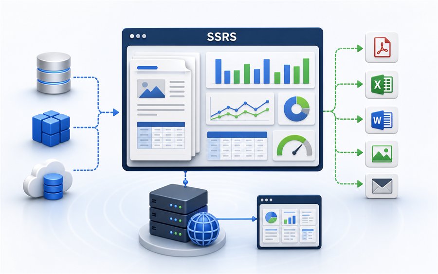 Konzeptionelle Grafik zu SSRS mit Report-Dashboard, SQL Datenquellen und Veröffentlichung
