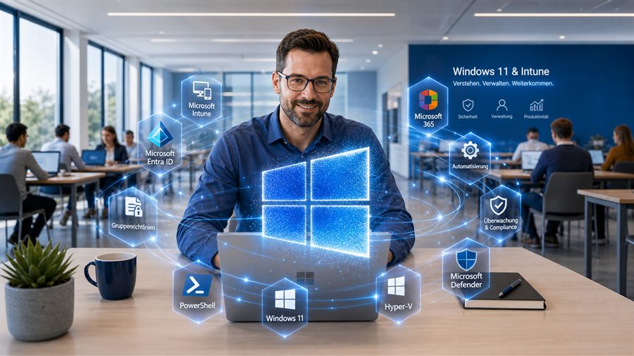 Windows 11 und Intune Schulung mit Laptop, Tablet und Smartphone