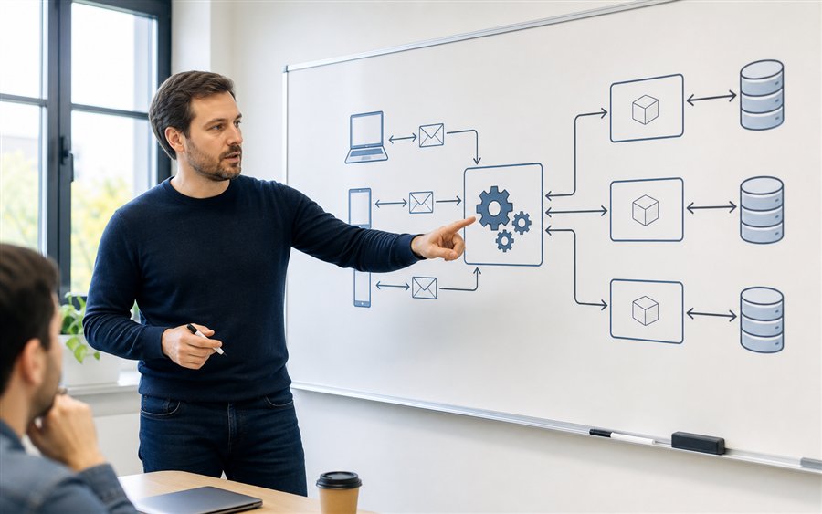 Trainer erklärt Serviceorientierte Architektur und WCF Kommunikationsflüsse am Whiteboard